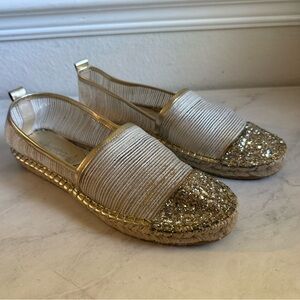Jimmy Choo Gold and Cream Glitter Espadrilles